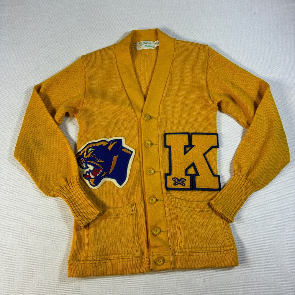 Vintage 50s 60s Burean Holloway Varsity Cardigan Panther Patch Letter K Gold 36